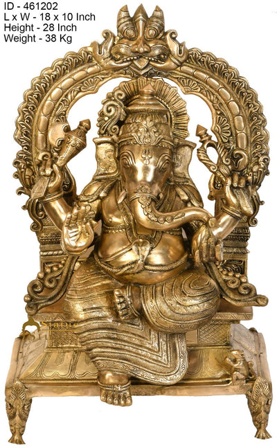 Brass Large Ganesha Idol Sitting On Throne Ganpati Statue Home Décor 2.5 Feet