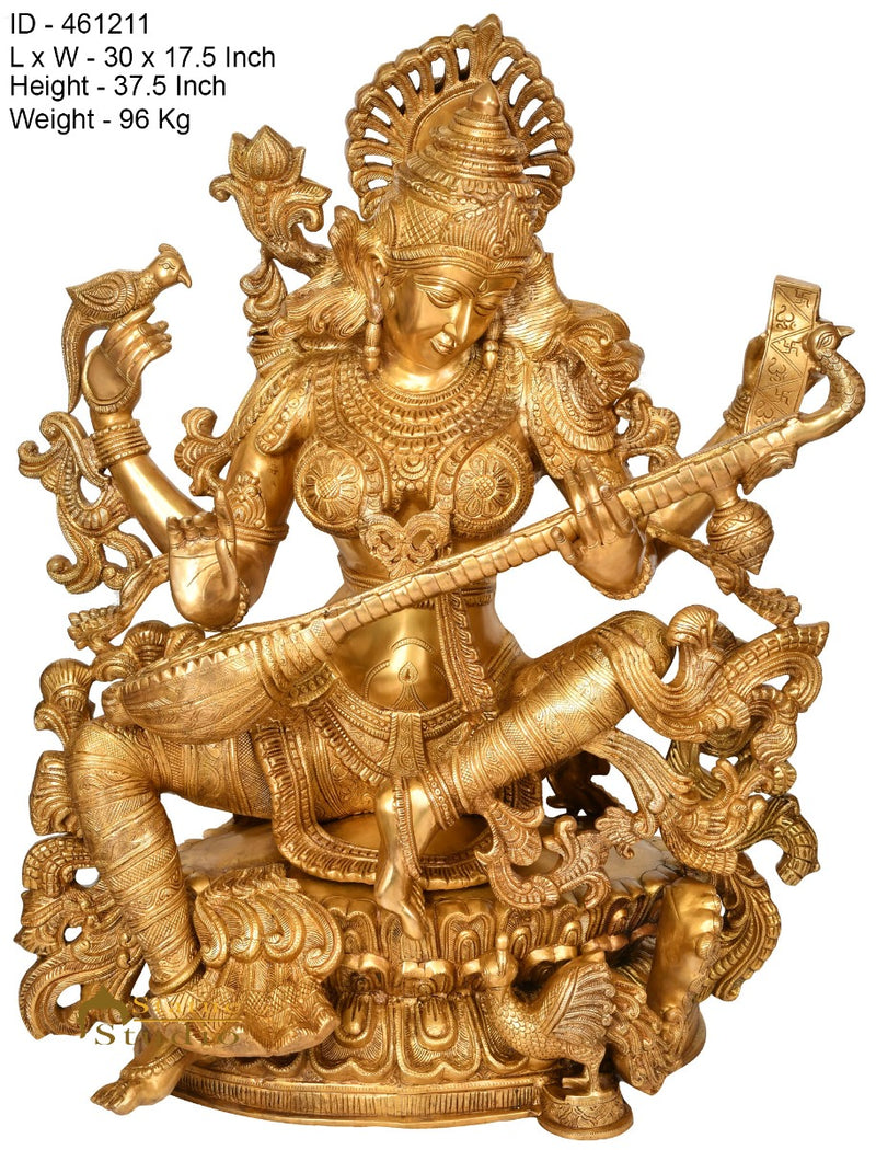 Brass Large Maa Saraswati Idol Home School Temple Office Décor Statue 3 Feet