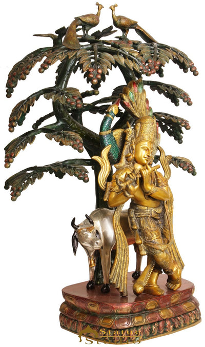 Brass Large Krishna Idol With Cow Under Tree Home Office Garden Décor Statue 33"