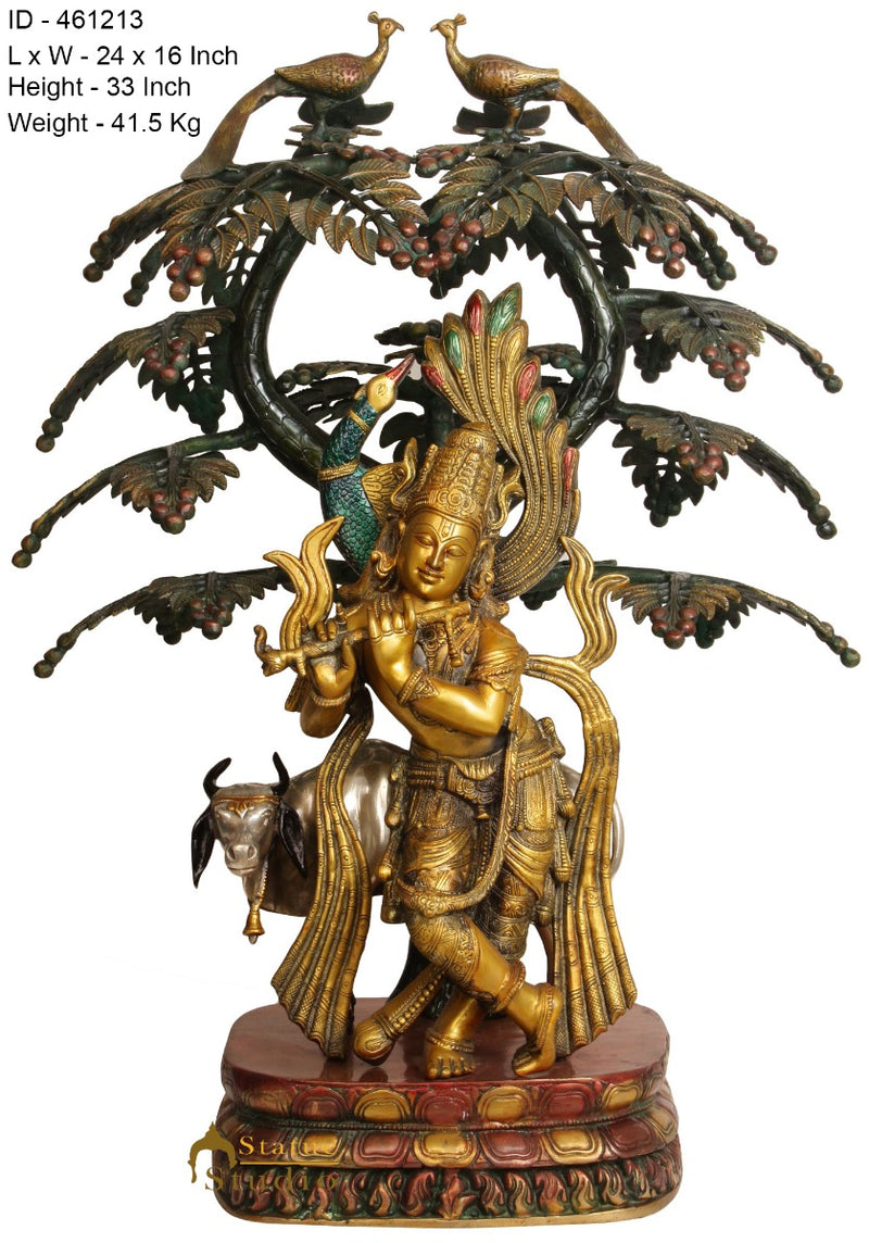 Brass Large Krishna Idol With Cow Under Tree Home Office Garden Décor Statue 33"