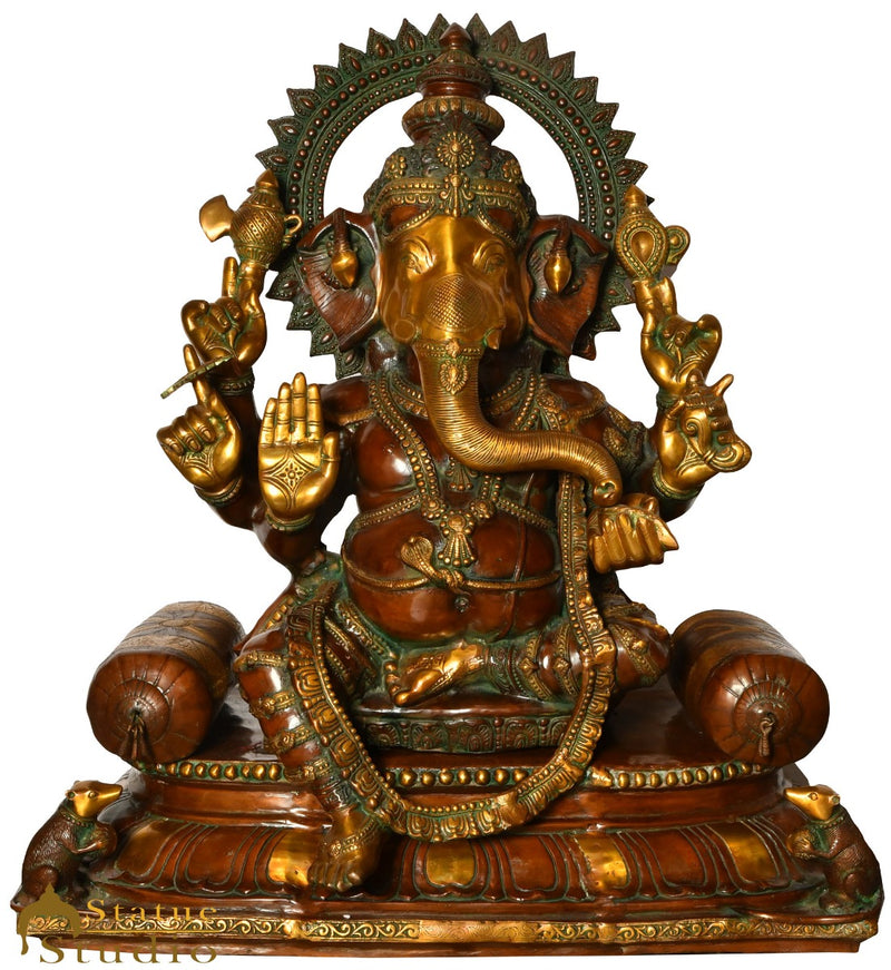 Brass Large Antique Seated Ganesha Idol Ganpati Statue Home Office Décor 3 Feet