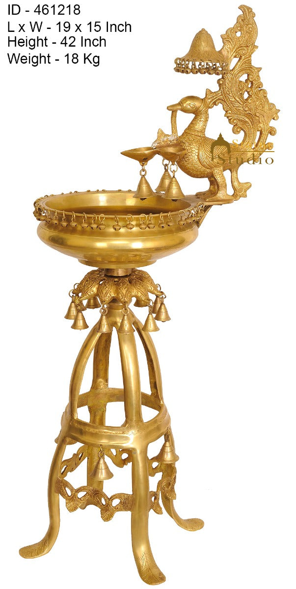 Brass Large Size Lamp With Urli Bowl Peacock And Ghungroo Bells Décor 3.5 Feet