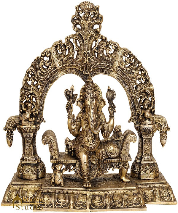 Brass Large Ganesha Statue On Throne Ganpati Idol Home Office Décor Showpiece