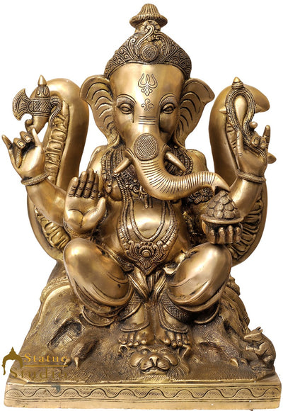 Brass Rare Ganesha Statue Sitting On Backdrop Of Trident Décor Showpiece Idol