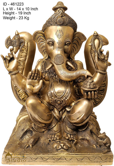Brass Rare Ganesha Statue Sitting On Backdrop Of Trident Décor Showpiece Idol