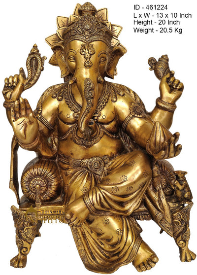 Brass Ganesha Idol Sitting On Chowki Ganpati Statue Home Office Décor Gift 20"