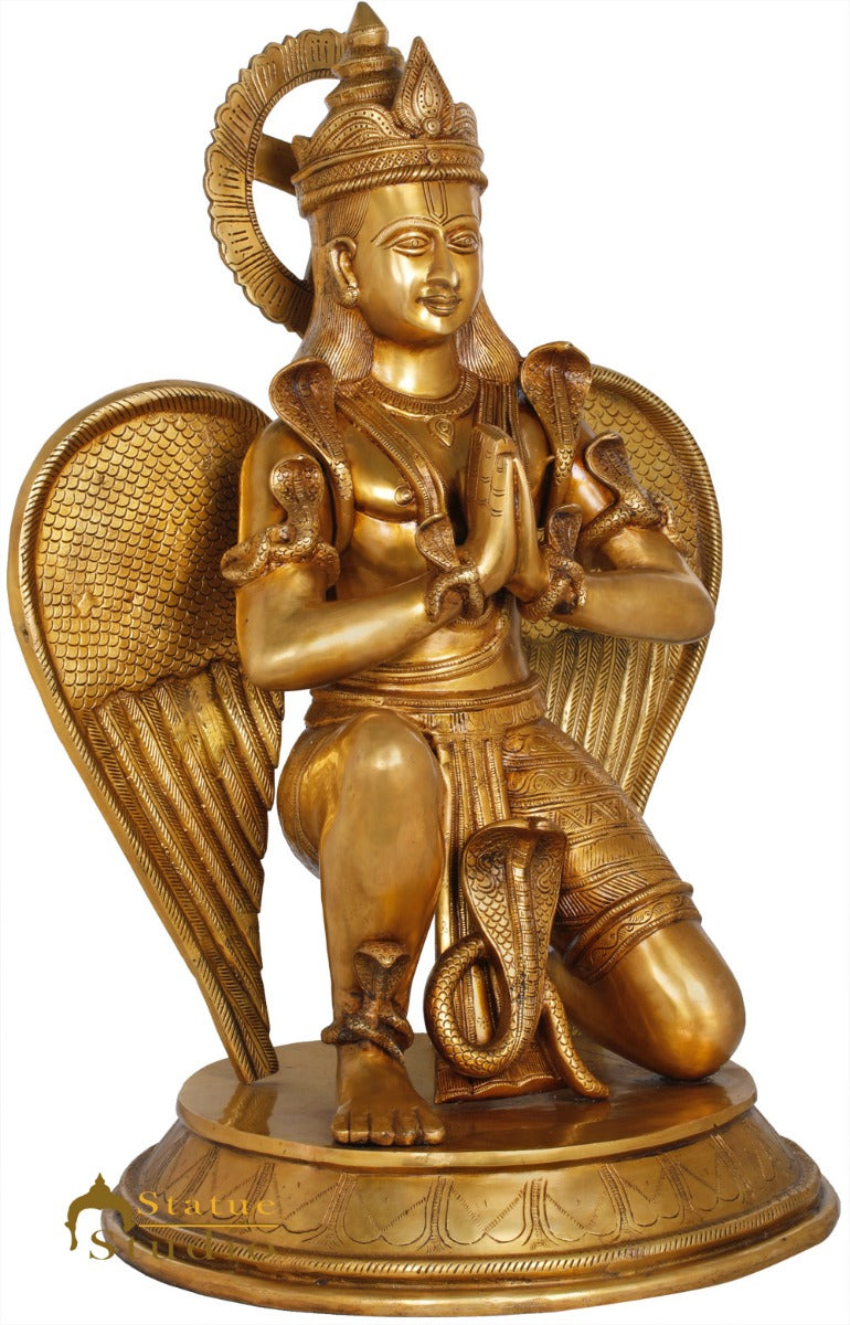 Brass Antique Large Garuda Idol Adorned With Snakes Temple Home Décor Statue