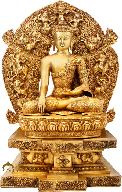 Brass Large Antique Buddha Statue Sitting On Throne Exclusive 3 Feet Masterpiece