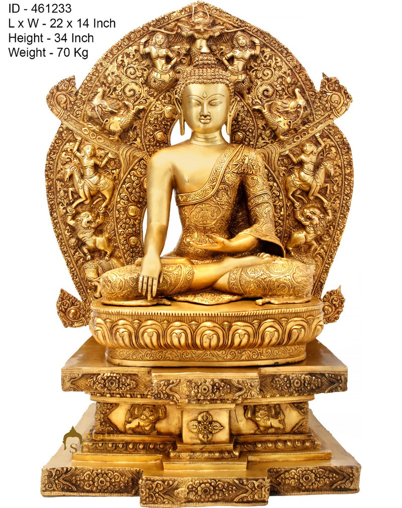 Brass Large Antique Buddha Statue Sitting On Throne Exclusive 3 Feet Masterpiece
