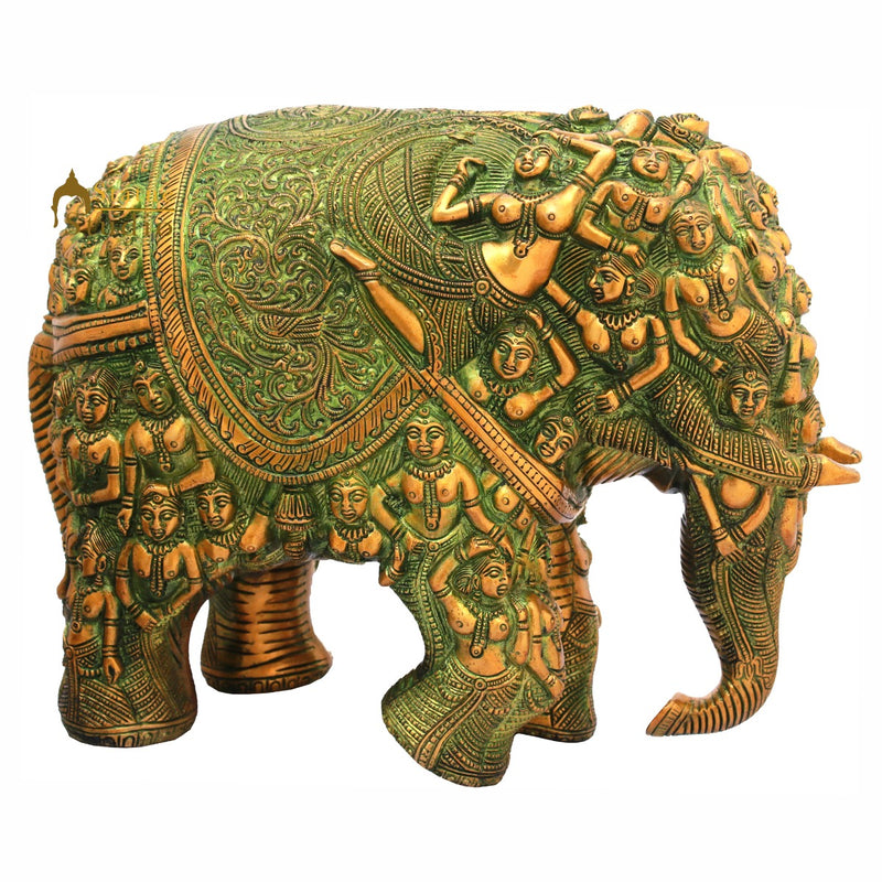 Brass Elephant Sculpture Carved With Ladies Home Garden Décor Showpiece 11"