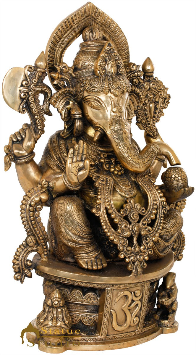 Brass Ganesha Statue Seated On OM Base Ganpati Idol Lucky Home Décor 2 Feet