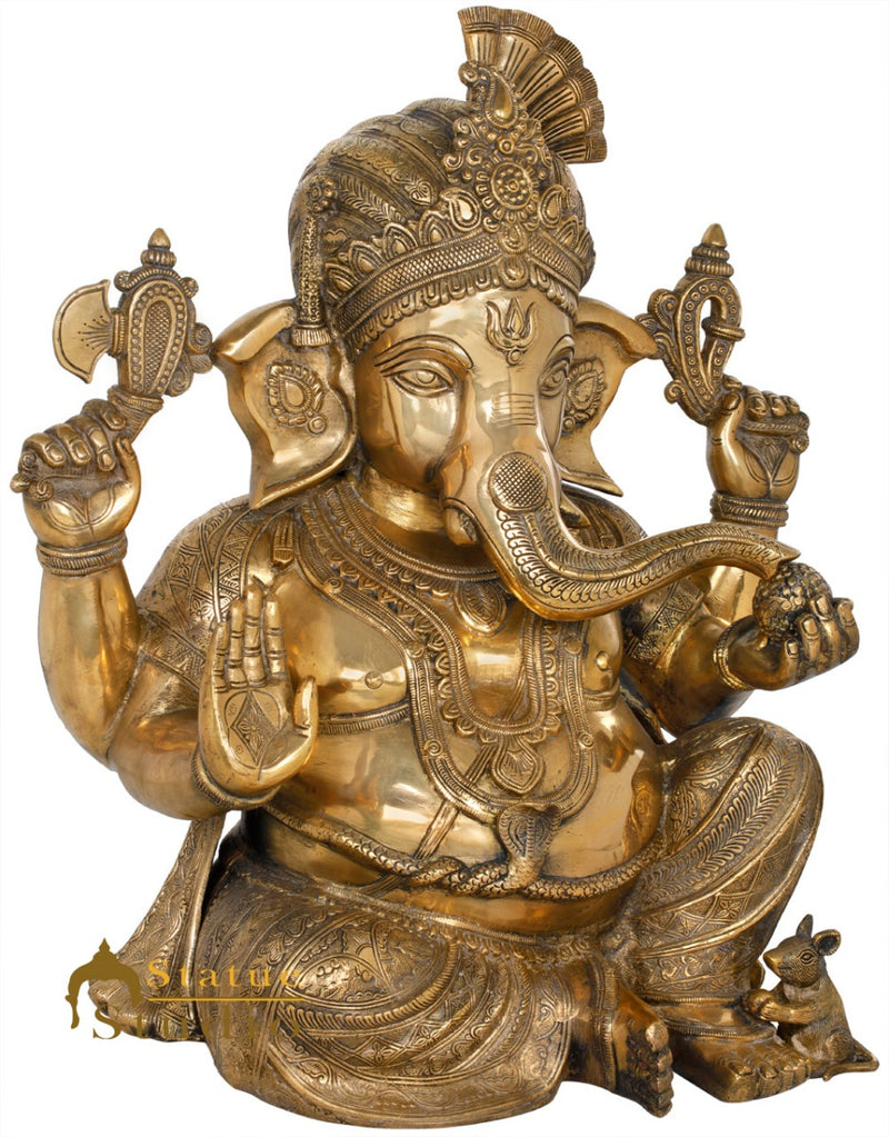 Brass Ganesha Statue Sitting Ganpati Idol Lucky Home Office Temple Garden Décor 21"