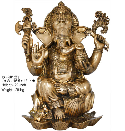 Brass Ganesha Statue Sitting Ganpati Idol Home Office Temple Garden Décor 2 Feet
