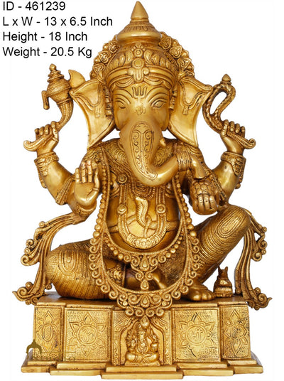 Brass Ganesha Statue Seated On OM Base Ganpati Idol Lucky Home Décor 18"