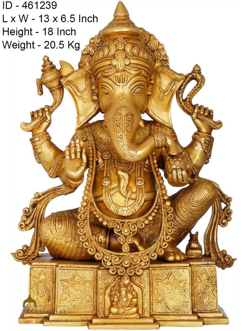 Brass Ganesha Statue Seated On OM Base Ganpati Idol Lucky Home Décor 18"