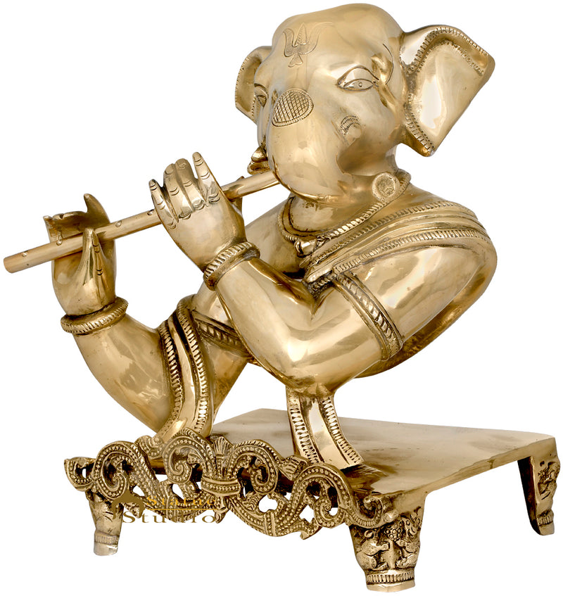 Brass Rare Antique Ganesha Statue With Flute Ganpati Idol Décor Showpiece 11"