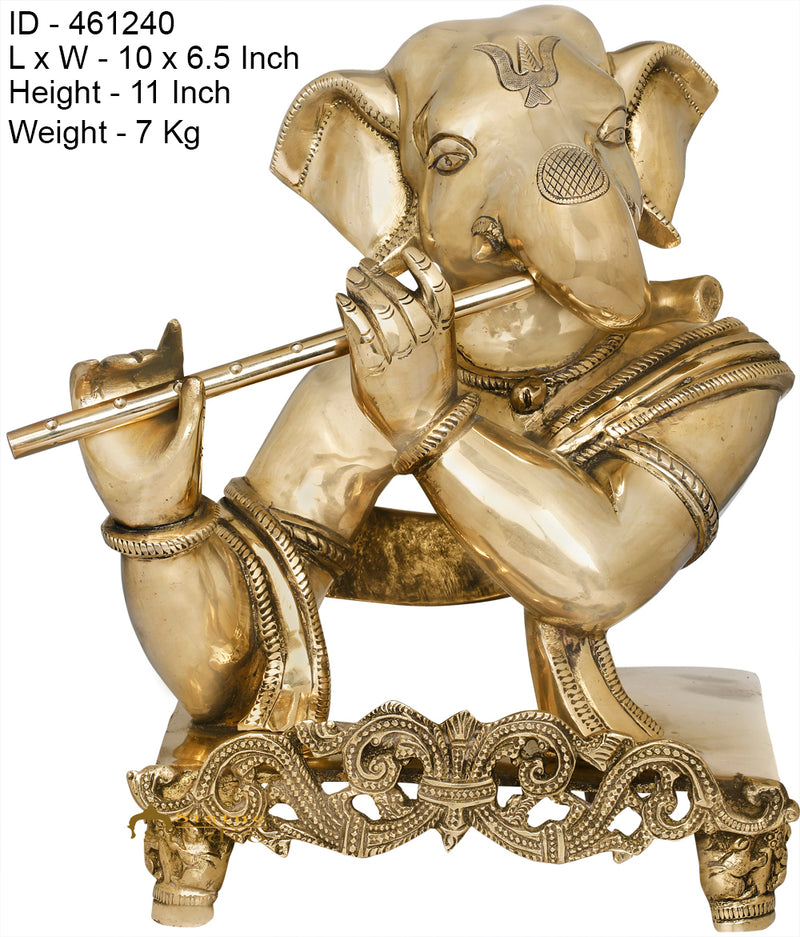 Brass Rare Antique Ganesha Statue With Flute Ganpati Idol Décor Showpiece 11"