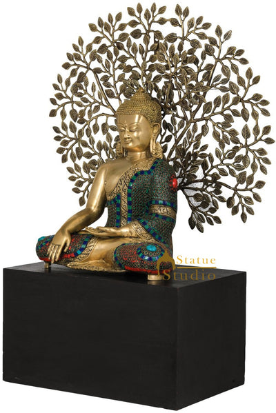 Brass Buddha Statue Sitting On Wooden Base Under Bodhi Tree Décor Showpiece 34"