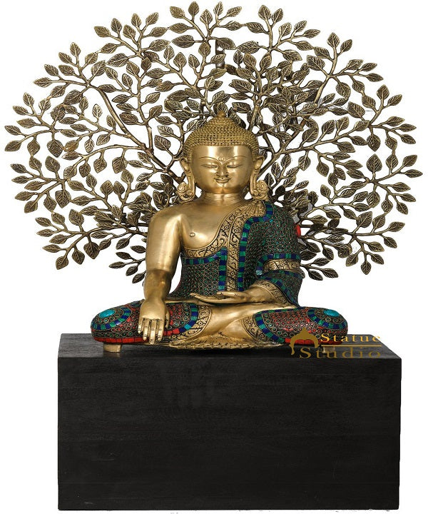 Brass Buddha Statue Sitting On Wooden Base Under Bodhi Tree Décor Showpiece 34"
