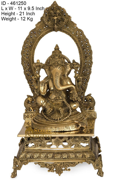 Brass Ganpati Statue Sitting On Prabhavali Throne Ganesha Décor Idol 21"