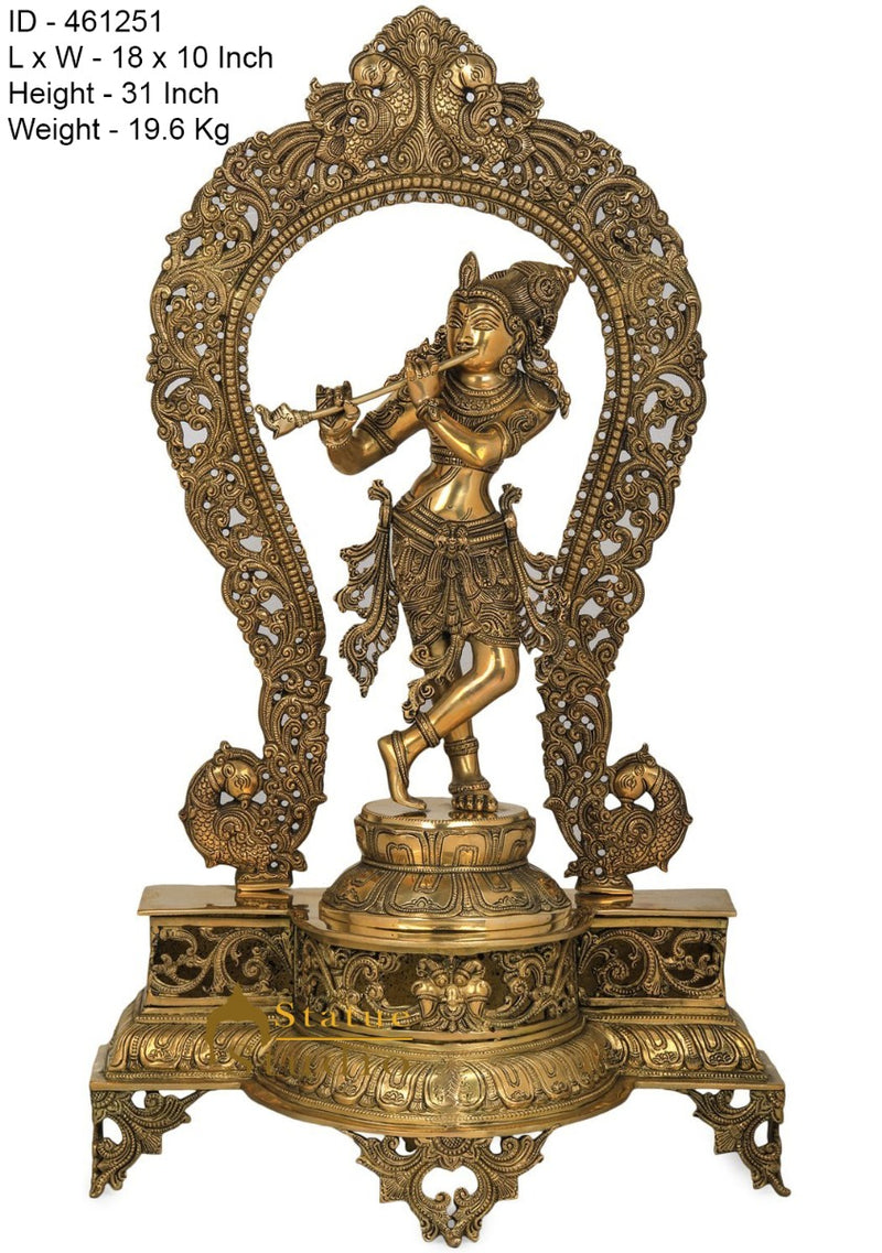 Brass Fine Krishna Idol Standing On Prabhavali Throne Décor Statue Showpiece 2.5 Feet