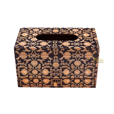 MDF Wooden Tissue Box With Drawer Enamel Printed Home Table Decorative Box 5"