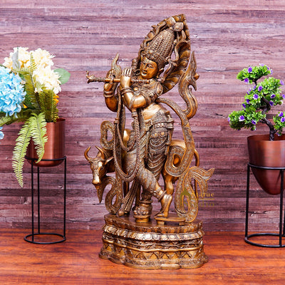 Brass Large Size Krishna With Cow Idol Home Office Garden Décor Statue 3 Feet