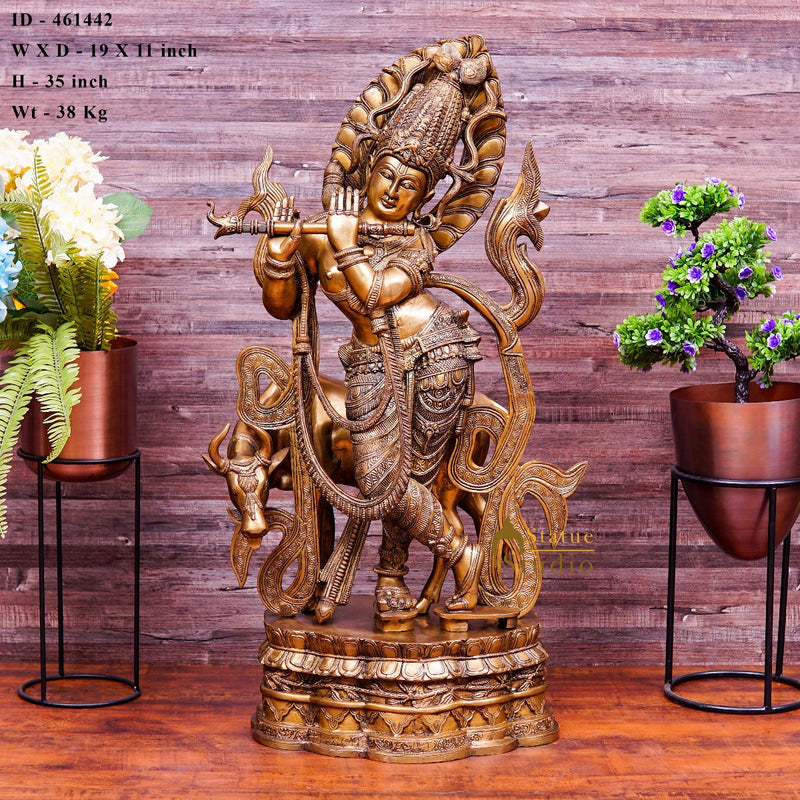 Brass Large Size Krishna With Cow Idol Home Office Garden Décor Statue 3 Feet