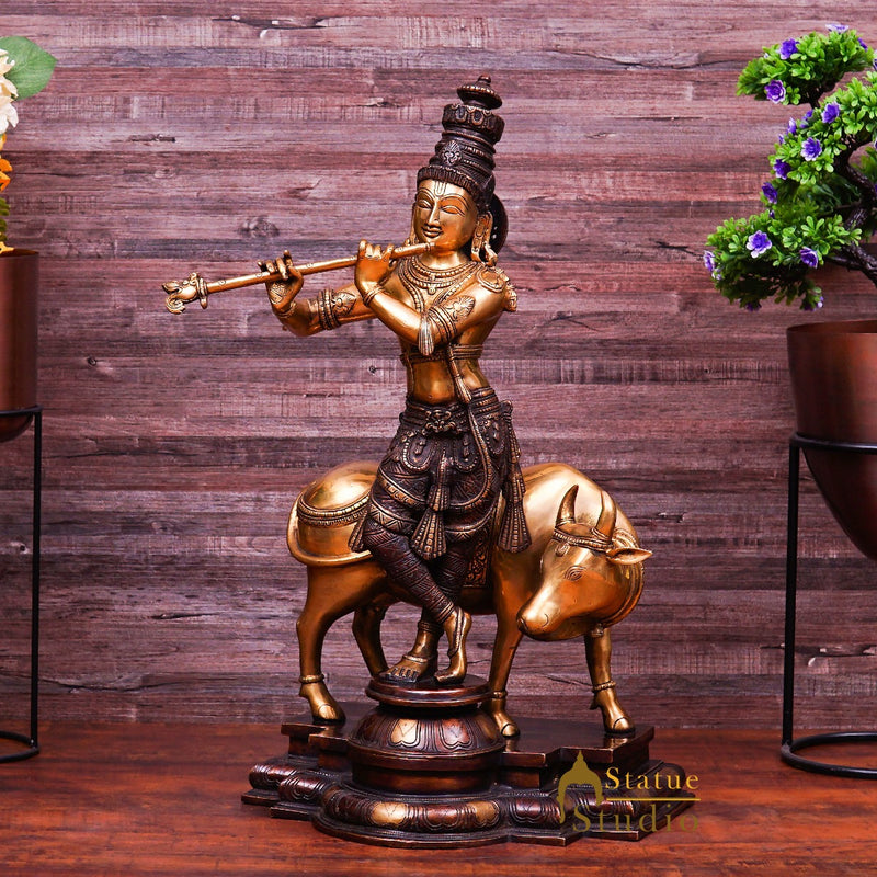 Brass Large Size Krishna With Cow Idol Home Office Garden Décor Statue 2 Feet