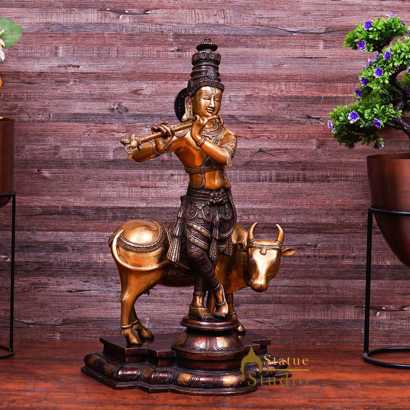 Brass Large Size Krishna With Cow Idol Home Office Garden Décor Statue 2 Feet