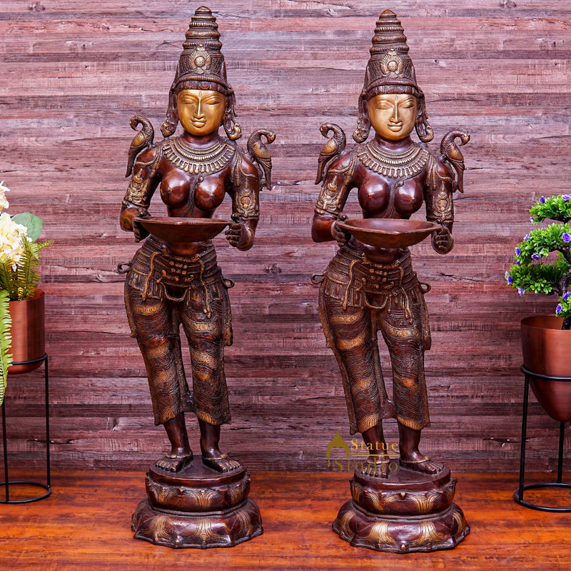 Brass Large Size Deeplakshmi Pair Statue Home Office Welcome Pooja Room Décor 44"