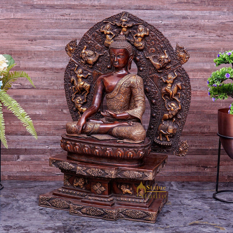 Brass Large Size Buddha Statue Sitting On Throne Exclusive Décor Masterpiece 3 Feet