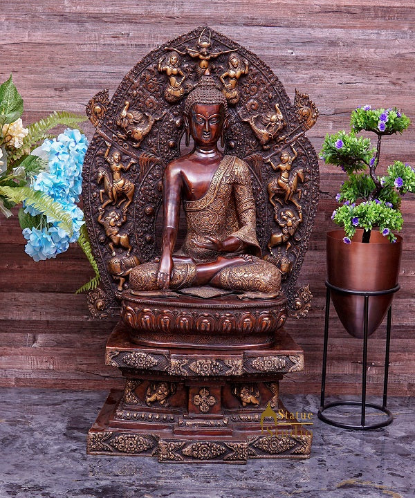 Brass Large Size Buddha Statue Sitting On Throne Exclusive Décor Masterpiece 3 Feet