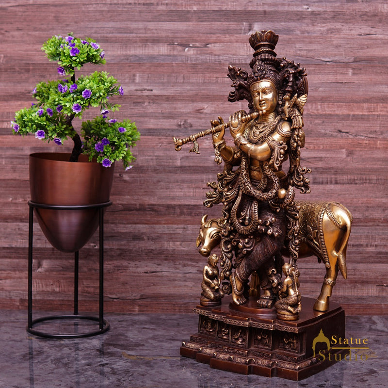 Brass Large Size Krishna With Cow Idol Home Office Garden Décor Statue 28"