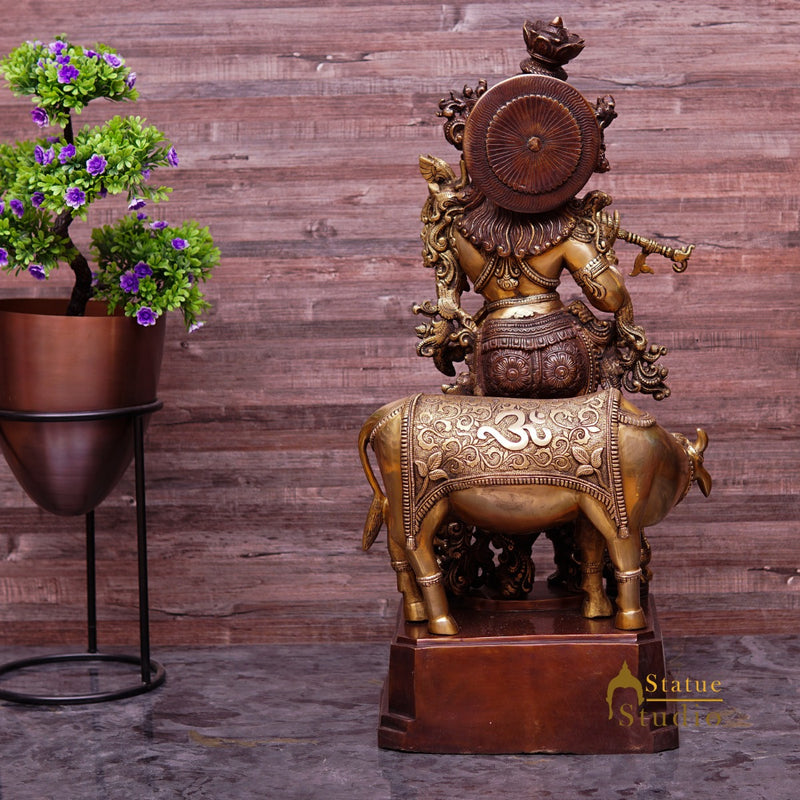 Brass Large Size Krishna With Cow Idol Home Office Garden Décor Statue 28"