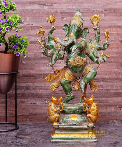 Brass Large Size Dancing Ganesha Idol Antique Finish Ganpati Home Décor Statue 2 Feet