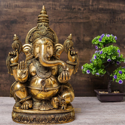 Brass Large Size Ganpati Idol Home Office Garden Décor Ganesha Lucky Statue 20" - SKU - 461455