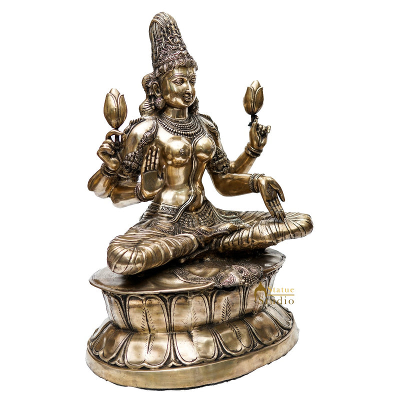 Brass Large Size Antique Sitting Laxmi Idol Home Pooja Décor Lucky Statue 3 Feet