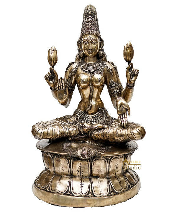 Brass Large Size Antique Sitting Laxmi Idol Home Pooja Décor Lucky Statue 3 Feet