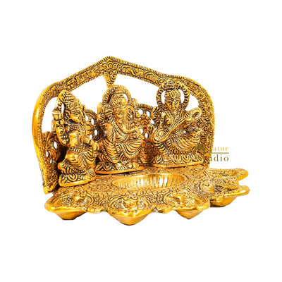 Metal Oxidised Ganesha Lakshmi Saraswati Idol With Diya Diwali Corporate Gift Item 5"