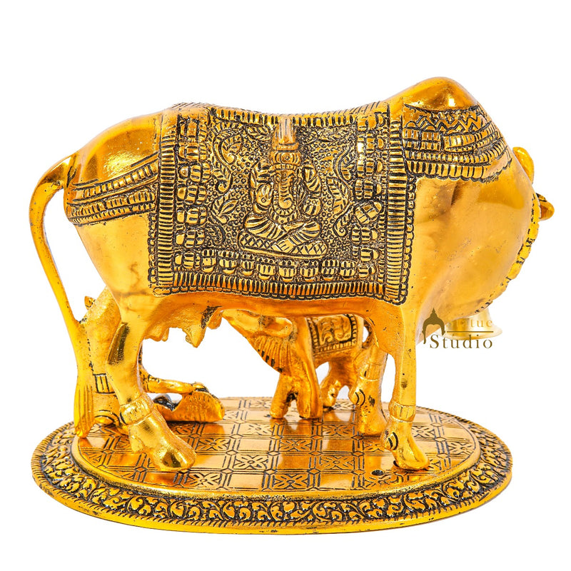 Metal Oxidised Holy Cow Idol Religious Pooja Room Home Décor Showpiece Diwali Corporate Gift 6.5"