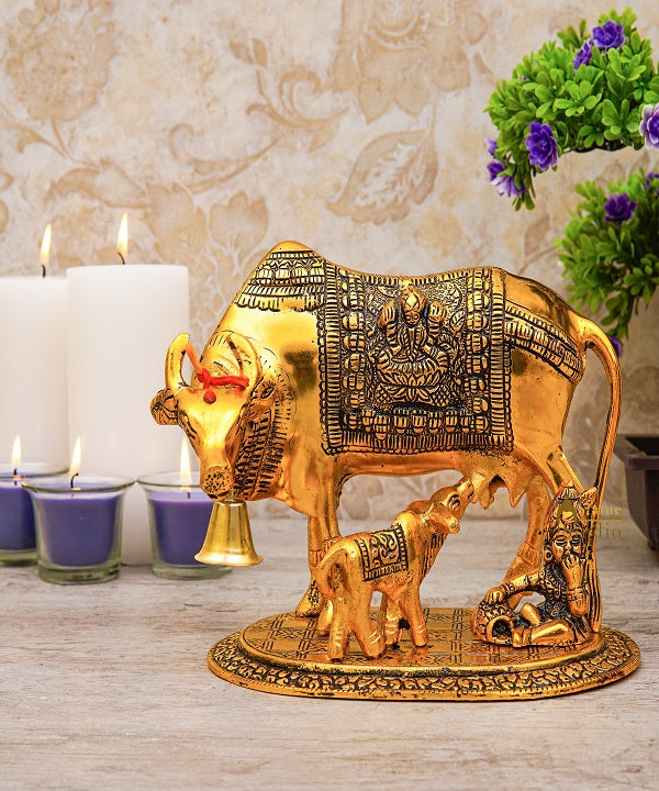 Metal Oxidised Holy Cow Idol Religious Pooja Room Home Décor Showpiece Diwali Corporate Gift 6.5"