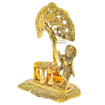 Metal Oxidised Krishna Standing Under Tree Idol Pooja Décor Diwali Corporate Gift 6"
