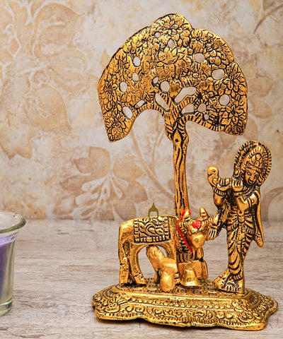 Metal Oxidised Krishna Standing Under Tree Idol Pooja Décor Diwali Corporate Gift 6"
