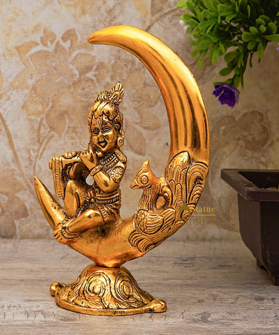 Metal Oxidised Bal Gopal Krishna Idol Sitting On Moon Pooja Décor Diwali Corporate Gift 6"
