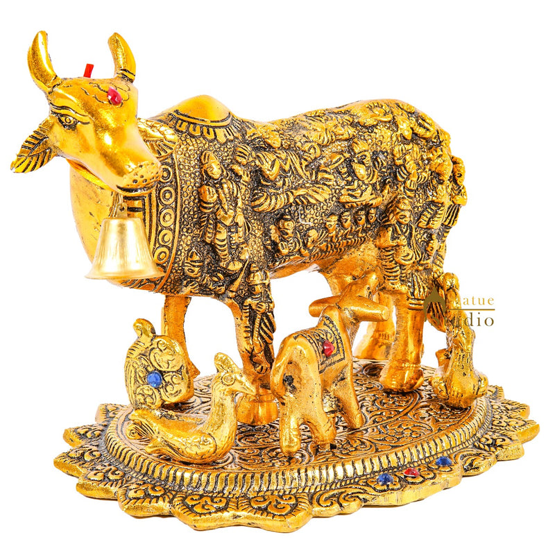 Metal Oxidised Holy Cow With God Idols Engraved Pooja Room Home Décor Diwali Corporate Gift 6.5"