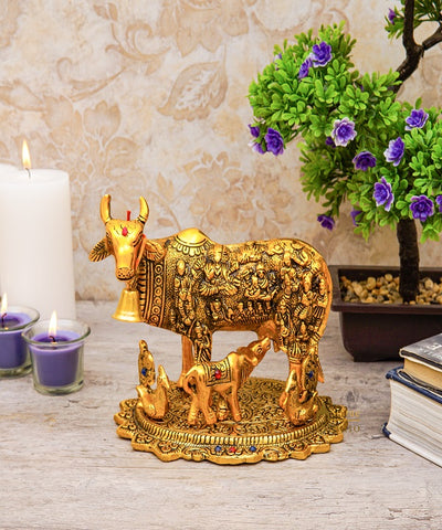 Metal Oxidised Holy Cow With God Idols Engraved Pooja Room Home Décor Diwali Corporate Gift 6.5"