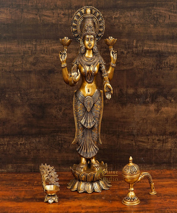 Brass Antique Standing Lakshmi Idol Laxmi Statue Home Temple Décor Showpiece 32"