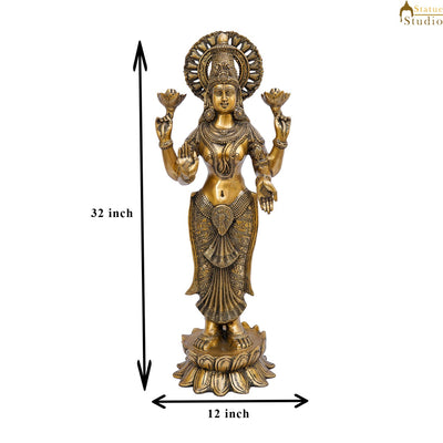Brass Antique Standing Lakshmi Idol Laxmi Statue Home Temple Décor Showpiece 32"