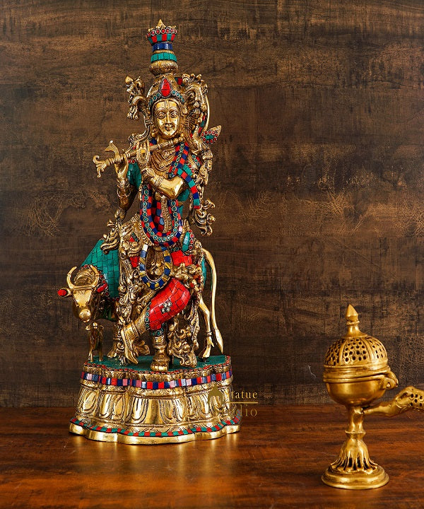 Brass Krishna With Cow Idol Home Office Desk Décor Lucky Gift Statue 2 Feet